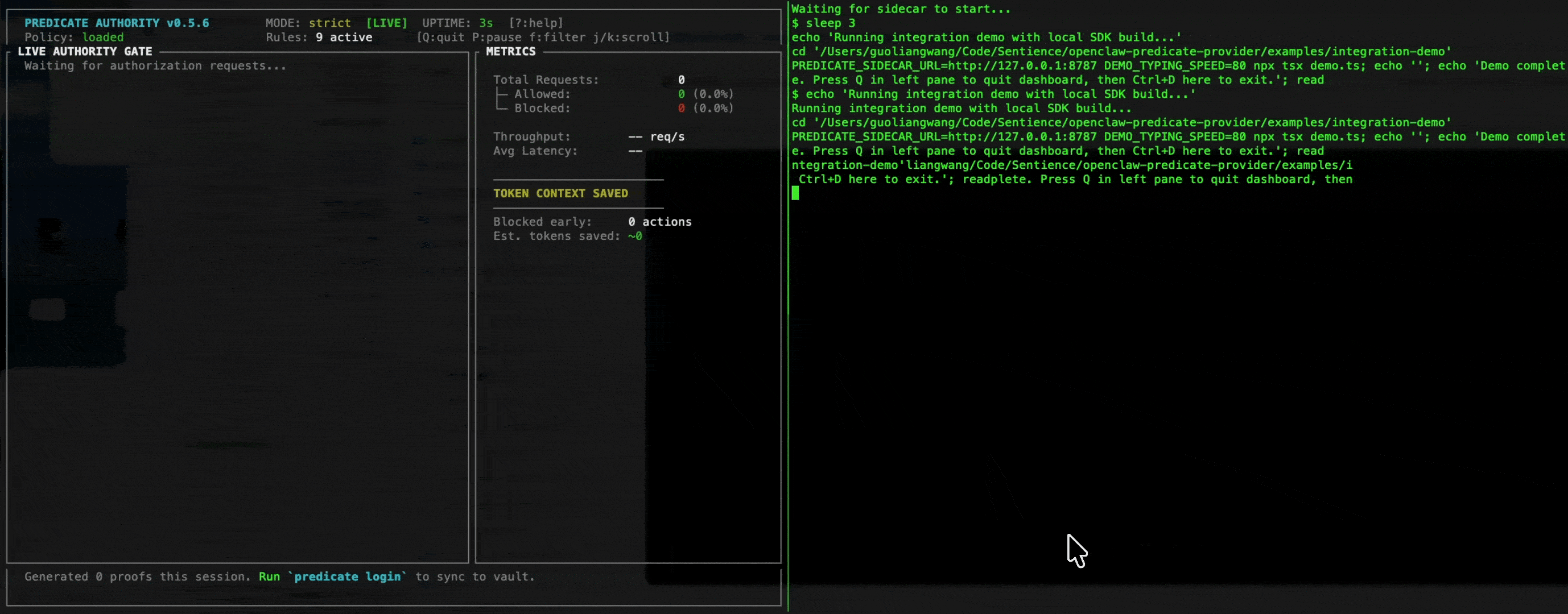 Predicate sidecar blocking unauthorized commands in a split tmux terminal
